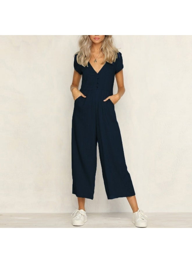 Barbora Linen Daily Summer V-Neck Short Leg Design Women's Jumpsuit LN1010LACIVERT9 - Image 1